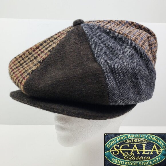 Scala Newsboy Cap Hat Vintage Houndstooth Dorfman Pacific Wool Blend Large - Picture 1 of 11